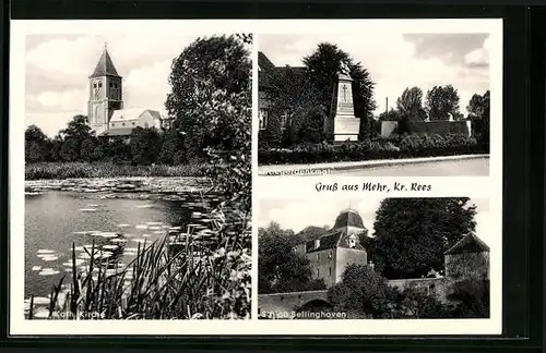 AK Mehr, Kath. Kirche, Kriegerdenkmal und Schloss Bellinghoven