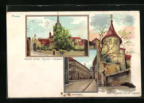 Lithographie Prag / Praha, Kostel Nejsv. Trojice v Podskali, Dumu Stupartu & Vez Trubacu