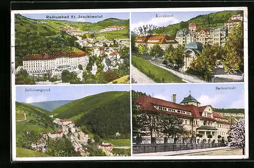 AK St. Joachimsthal, Kurviertel, Zeileisengrund und Badeanstalt des Radiumbades