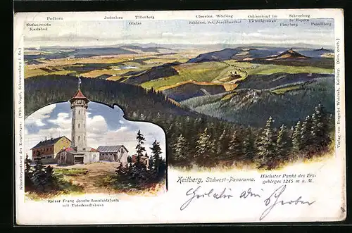 Künstler-AK Keilberg, Südwestpanorama mit Blick auf den Kaiser Franz Josefs-Aussichtsturm