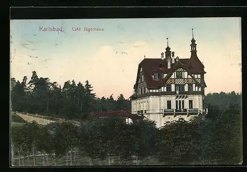 AK Karlsbad, Cafe Jägerhaus in Waldlandschaft