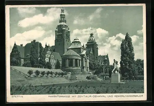 AK Stettin, Hakenterrasse mit Zentaur-Denkmal und Regierungsgebäude