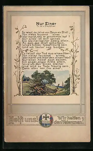 Künstler-AK Nur Einer (Gedicht), Holzsammlerin in Landschaft, Eisernes Kreuz der Veteranenhilfe