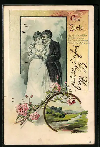 Künstler-AK Am Ziele - Liebespaar, Rosenzweig, Bachlandschaft