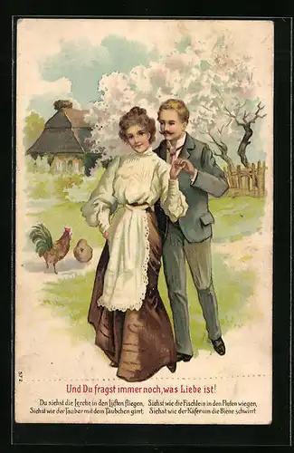 Künstler-AK Und Du fragst immer noch, ... - Liebespaar in Frühlingslandschaft