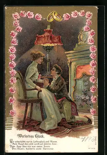 Künstler-AK Verlorenes Glück - Liebespaar am Kamin