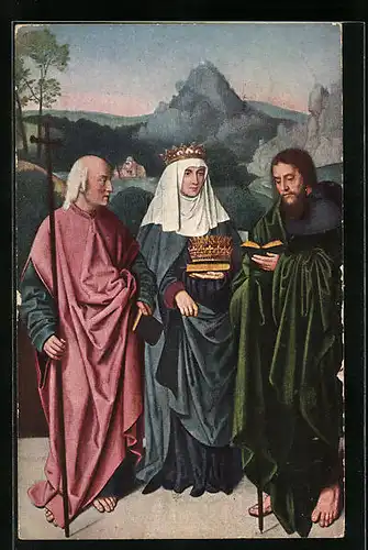 Künstler-AK Madonna mit Schutzpatronen und Kronen