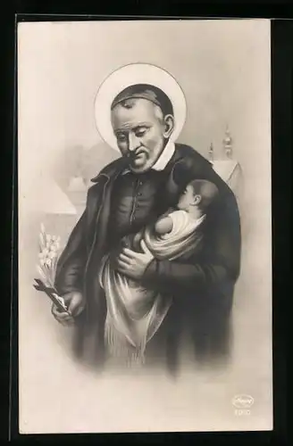 AK Schutzpatron mit Jesuskind im Arm und Kreuz mit Narzissen in der Hand