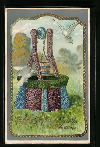 Künstler-AK Mit Blüten überzogener Brunnen und zwei weisse Tauben - Geburtstagsgruss