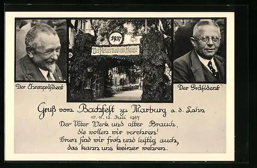 AK Marburg a. d. Lahn, Bachfest 1937 mit Porträts des Ehrenpräsidenten und des Präsidenten