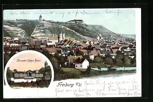 AK Freyburg a. U., Ortsansicht und Turnvater Jahns Haus