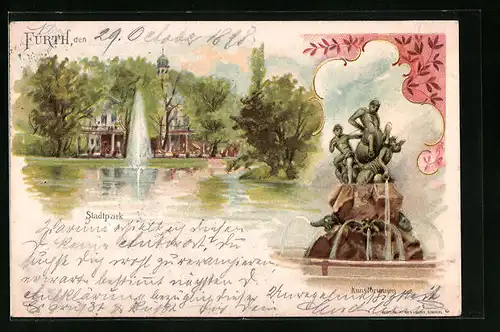 Lithographie Fürth, Stadtpark mit Kunstbrunnen
