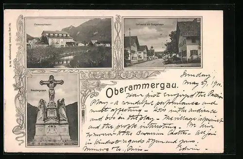 AK Oberammergau, Passionstheater, Dorfpartie mit Flungerhaus, Kreuzesgruppe