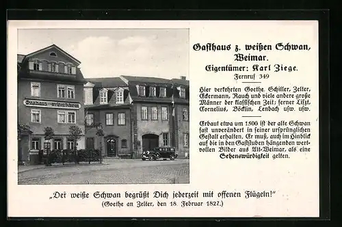 AK Weimar, Gasthaus z. weissen Schwan, Eigentümer: Karl Ziege