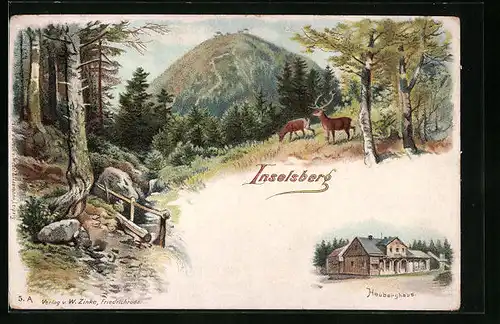 Lithographie Inselsberg, Wald mit Hirschen und Heuberghaus