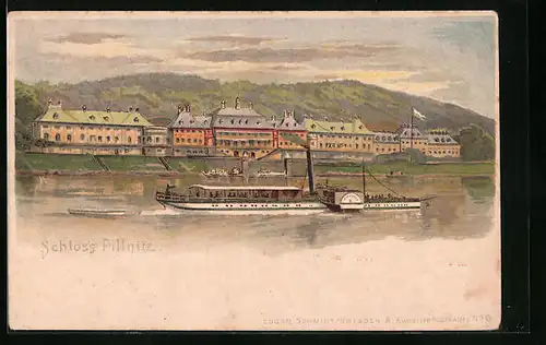 Lithographie Dresden-Pillnitz, Schloss Pillnitz mit Dampfer