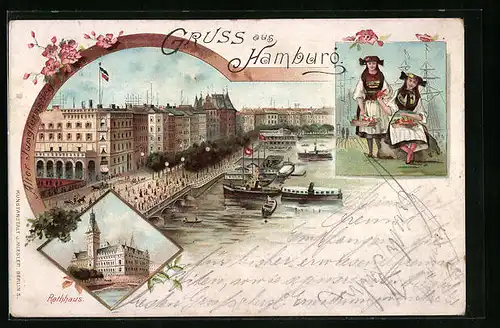 Lithographie Hamburg-Neustadt, Alter Jungfernstieg, Hamburgerinnen in Tracht