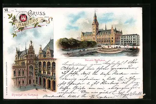 Lithographie Hamburg, Neues Rathaus, Ehrenhof im Rathaus