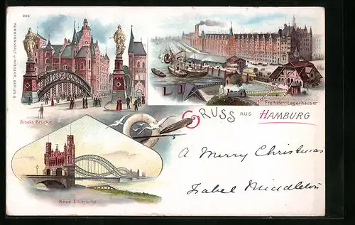 Lithographie Hamburg, Freihafen-Lagerhäuser, Brooks Brücke