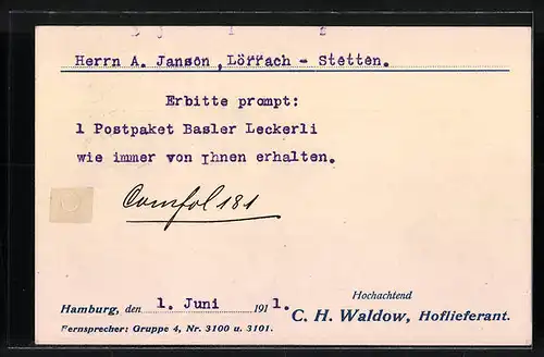 Künstler-AK Hamburg, Bestellkarte des Hoflieferanten C. H. Waldow - Firmengelände, An der Alster 29