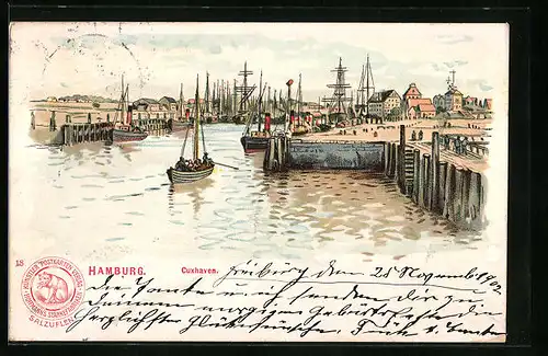 Lithographie Cuxhaven, Partie am Hafen