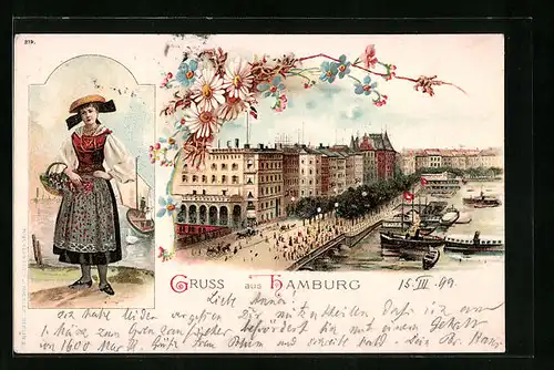 Lithographie Hamburg, Hamburgerin in Tracht, Jungfernstieg