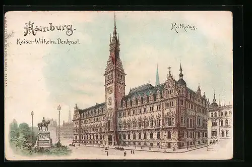 Lithographie Hamburg, Kaiser Wilhelm-Denkmal, Rathaus