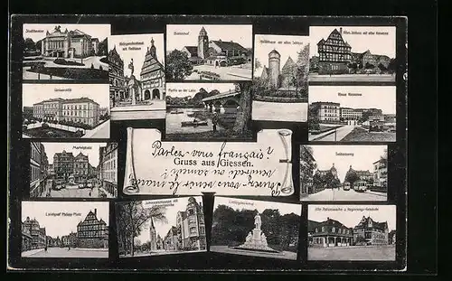 AK Giessen, Rathaus und Kriegerdenkmal, Bahnhof, Universität