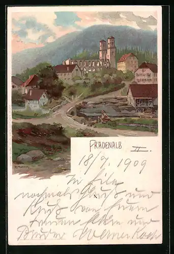 Künstler-AK Frauenalb, Blick zum Kloster