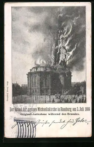 AK Hamburg-Neustadt, Brand der grossen Michaeliskirche 1906