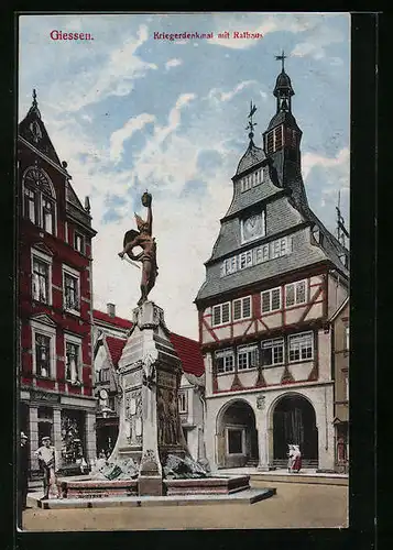 AK Giessen, Kriegerdenkmal mit Rathaus