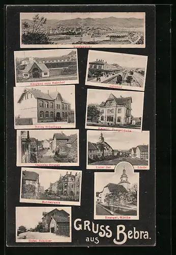 AK Bebra, Totalansicht mit Bahnhof, Schule und Hotel Schlüter