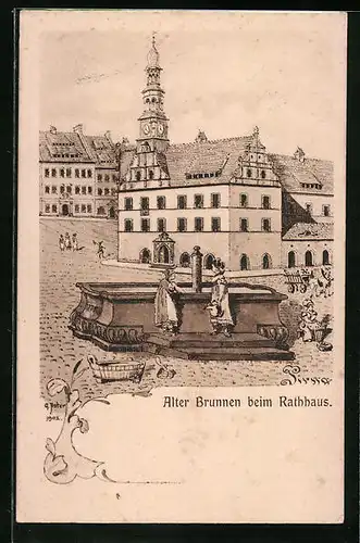 Künstler-AK Pirna, Alter Brunnen beim Rathaus