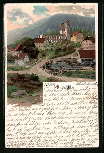 Künstler-AK Karl Mutter: Frauenalb, Strassenpartie mit Blick zur Klosterruine