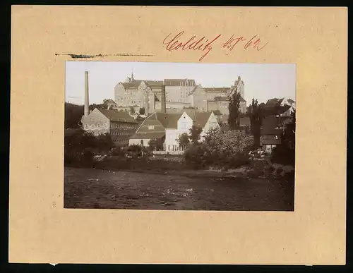 Fotografie Brück & Sohn Meissen, Ansicht Colditz, Geschäftshaus & Fabrik mit Blick zum Schloss