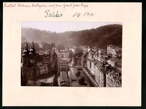 Fotografie Brück & Sohn Meissen, Ansicht Karlsbad, Blick vom Stadtgarten auf die Collonade und das Grand Hotel Pupp