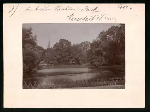 Fotografie Brück & Sohn Meissen, Ansicht Neustadt i. Sa., Blick auf den Teich im Arthur-Richter-Park