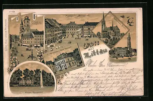 Lithographie Zittau, Weinau-Restaurant, Kaiserliches Haupt-Postamt, Johanneum