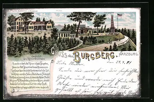 Lithographie Harzburg, Hotel Burgberg und Canossasäule mit Brocken, Gedicht am Kaiserbrunnen