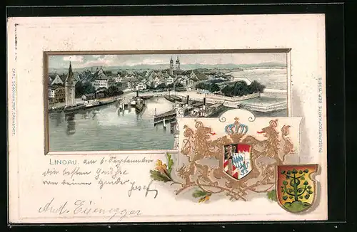 Passepartout-Lithographie Lindau, Teilansicht mit Dampfern, Wappen