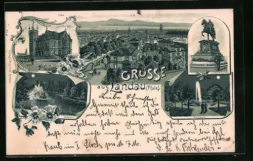 Lithographie Landau /Pfalz, Ostpark und Westpark bei Mondschein, Schlösschen