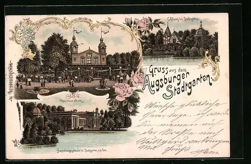 Lithographie Augsburg, Augsburger Stadtgarten, Hotel Restaurant u. Ausstellungsgebäude im Stadtgarten mit See, Cafehaus