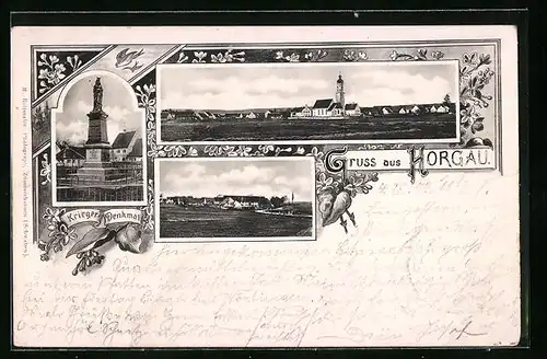 AK Horgau, Teilansicht mit Kirche, Krieger-Denkmal, Ortspartie