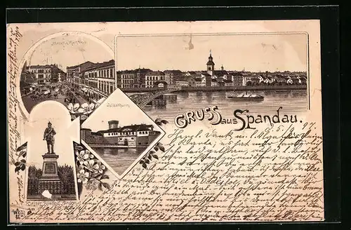 Lithographie Berlin-Spandau, Markt mit Rathaus, Juliusturm, Kaiser Friedrich-Denkmal