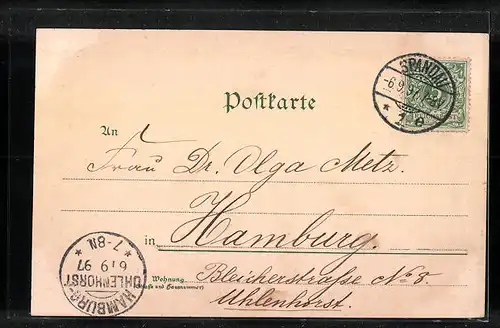 Lithographie Berlin-Spandau, Markt mit Rathaus, Juliusturm, Kaiser Friedrich-Denkmal