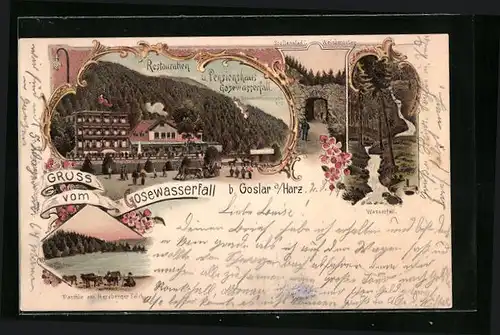 Lithographie Goslar /Harz, Restauration und Pensionshaus Gosewasserfall