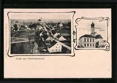 AK Pfaffenhausen, Ortspartie, Kirche mit Zwiebelturm, Schule