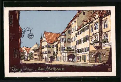 Steindruck-AK Isny /Allgäu, Am Rathaus