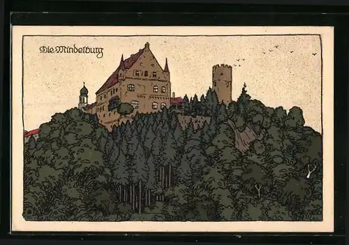 Steindruck-AK Mindelburg, Die Burg mit Turm