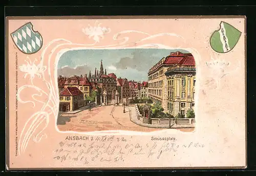 Passepartout-Lithographie Ansbach, Der Schlossplatz, Wappen